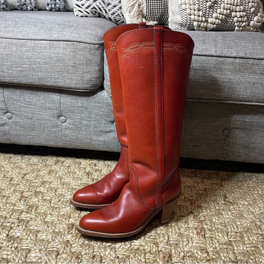 Frye American Western Women Red Brown Leather Boots Y2K Cuban Heel Size 8.5B